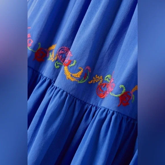 CAROLINE CONSTAS Katarina Blue Floral Embroidered Dress Sz M - Picture 7 of 9